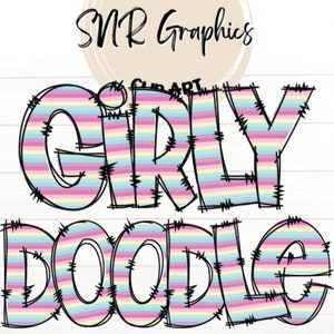 Girly Doodle Letters PNG con Doodle Outline, Pastel Clipart Alphabet Font Digital Download, POD, Ready to Print, Unicorn Letters, Font