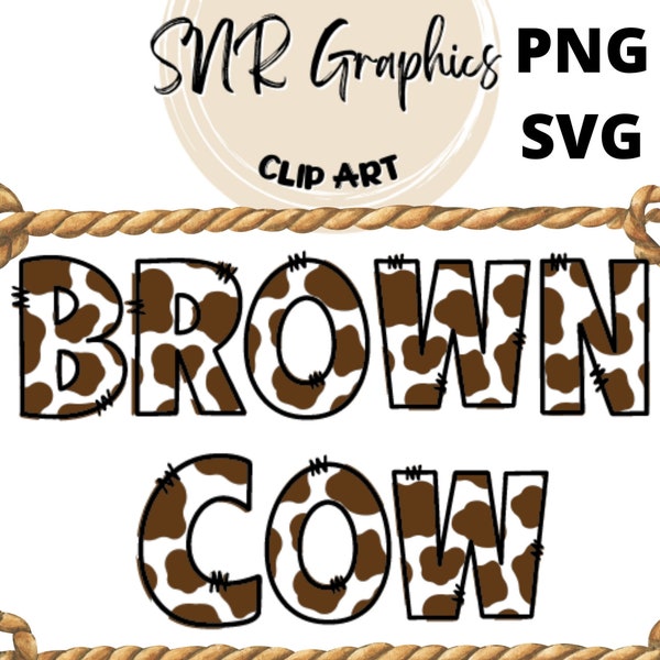 Brown Cow Doodle Letters PNG with Doodle Outline, Cowboy Font SVG, Clipart Alphabet Font Digital Download, Ready to Print, Cricut, Western