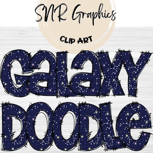 Galaxy Doodle Letras PNG con contorno de garabato, fuente del espacio exterior, fuente del alfabeto de imágenes prediseñadas descarga digital, POD, listo para imprimir, carta, fuente