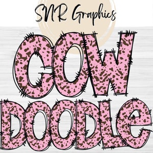Pink Cow Print Letters PNG with Doodle Outline, Western Clipart Alphabet Font Digital Download, POD, Ready to Print,  Letters, Cowgirl Font