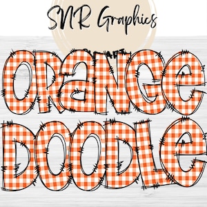 Orange Gingham Doodle Letters PNG con doodle outline, Plaid Clipart Alphabet Font Digital Download, POD, Ready to Print, Check Letter, Font