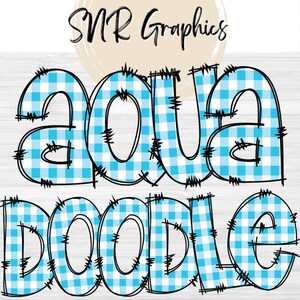 Aqua Gingham Doodle Letters PNG con Doodle Outline, Plaid Clipart Alphabet Font Digital Download, POD, Ready to Print, Check Letter, Font