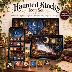 Può includere: Un set di download digitale intitolato Haunted Stacks Icon Set che include oltre 200 icone, 8 sfondi per telefono, 8 per tablet/desktop e 8 widget. L'immagine mostra uno smartphone, un tablet e un monitor con grafiche a tema biblioteca magica scura con fantasmi, libri e lune crescenti. Il testo include Haunted Stacks Icon Set, Digital Download e A more magical everyday.