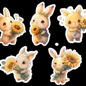 Sunflower Bunnies, Set of 20 Stickers, Sticker, Journal Sticker, Die Cut Stickers, Sunflower, Easter Bunny, Rabbit, Floral