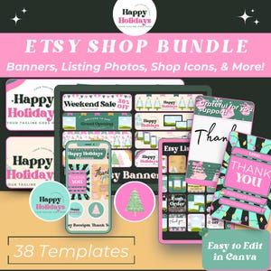 Etsy Shop Bundle - Bannervorlagen, Eintragsfotos und Quittungsbanner in der Happy Holidays Collection, bearbeitbare Canva Templates Etsy Kit