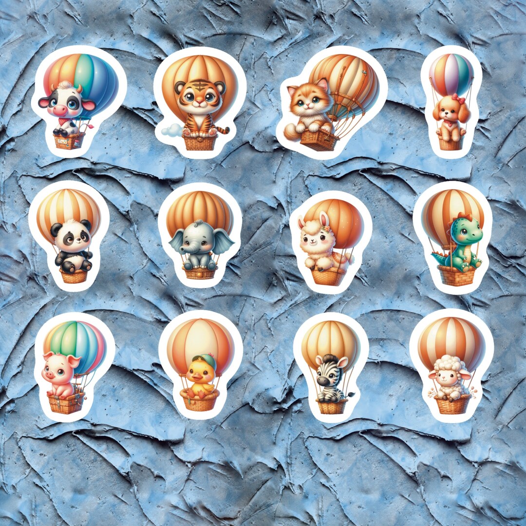 Animals in Hot Air Balloon Stickers, Set 24 Stickers, Baby Animal ...