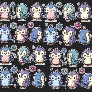 Penguin Stickers, Set 24 Stickers, Journal Sticker, Hand Drawn Sticker, Baby Penguin Sticker, Floral Penguin Sticker, Cute Penguins, Penguin