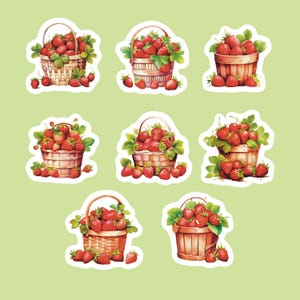 Basket of Strawberries Stickers, Set of 24 Stickers, Summer Sticker, Journal Sticker, Die Cut Stickers, Strawberry Stickers