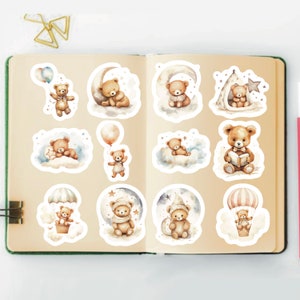 Neutral Teddy Bear Stickers, Set 24 Stickers, Nursery Stickers, Bear Stickers, Cute Baby Stickers, Cloud Bear Stickers, Cute Bear Stickers