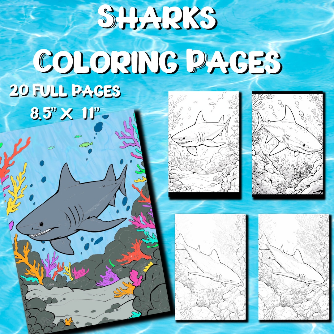 Sharks Coloring Pages: Shark Adult Coloring Book, 20 Digital Coloring ...