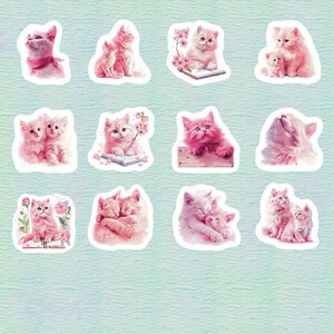 Pink Cats Set of 24 Stickers, Sticker, Journal Sticker, Die Cut, Cat Stickers, Kitten Stickers