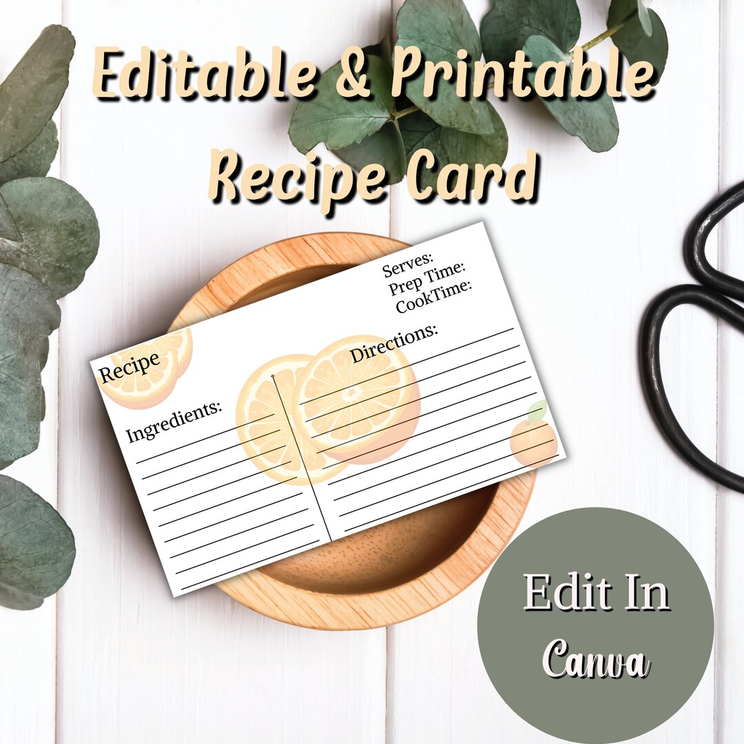 Recipe Card, Printable Recipe Card, Editable Recipe Card, Digital ...