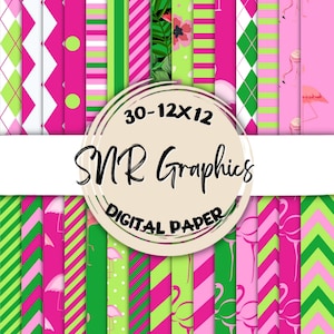 Flamingo Digital Paper Bundle 12X12, Scrapbook Paper, Wallpaper, Digital Background,  Summer Paper, Chevron, Argyle, Stripe, Pink, Green