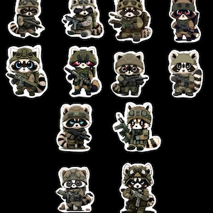 Raccoon Stickers, Set of 24 Stickers, Sticker, Journal Sticker, Die Cut Sticker, Military Sticker, Tactical, Rifle, Camo, Army