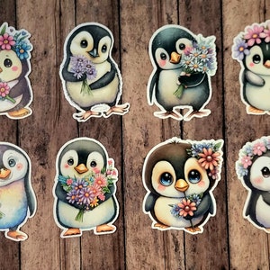 Watercolor Penguin Set of 24 Stickers, Sticker, Journal Sticker, Die Cut Sticker, Penguin Sticker, Floral Penguin, Valentine
