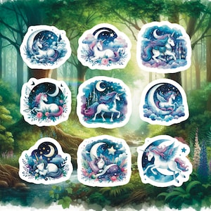 Dreamy Unicorn Stickers, Set of 18 Stickers, Unicorn Stickers, Moon Stickers, Unicorns, Night Time Unicorn Stickers, Moon & Stars Stickers