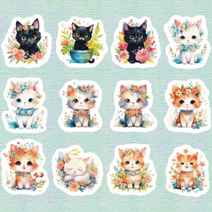 Floral Cats Set of 24 Stickers, Sticker, Journal Sticker, Die Cut, Cat Stickers, Kitten Stickers