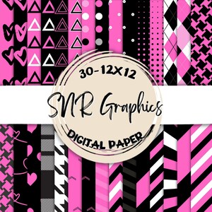 Black & Pink Digital Paper Bundle 12X12, Scrapbook Paper, Wallpaper, Digital Background,  Heart Paper, Chevron Paper, Polka Dot, Stripes