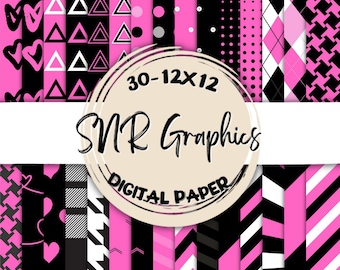 Digitales Papier-Bundle mit schwarzem und rosa Muster (12x12)