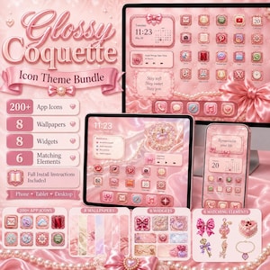May include: A digital icon theme bundle titled Glossy Coquette featuring a pink aesthetic with bows, pearls, and satin textures. The set includes over 200 app icons, 8 wallpapers, 8 widgets, and 6 matching elements for desktop, tablet, and phone screens.