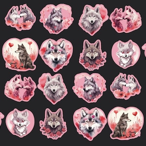 Wolf Stickers, Set 24 Stickers, Valentine Sticker, Love Stickers, Heart Sticker, Grey Wolf Sticker, Rose Stickers, Wolves, Wildlife Stickers