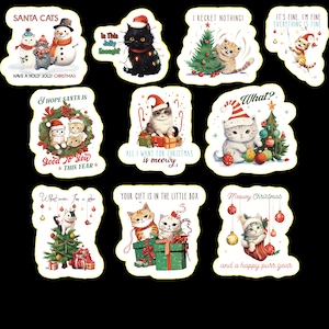 Vintage Cat Christmas Saying Stickers, Set 20 Stickers, Christmas Stickers, Cat Stickers, Kitty Sticker, Saying Stickers, Present Stickers