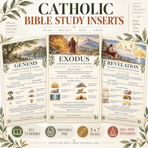 May include: Three rectangular Catholic Bible study inserts featuring illustrations of Genesis, Exodus, and Revelation. Each card includes text summaries, key people, major events, and Catholic connections. The design includes botanical accents and the text "Catholic Bible Study Inserts" at the top, with "All 73 Books" and "5 x 7 inches" printed at the bottom.