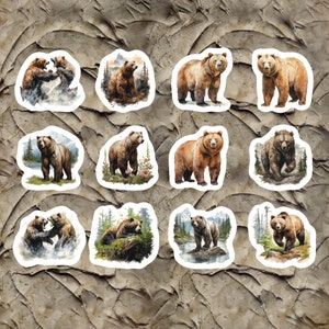 Watercolor Grizzly Bear Stickers, Set of 24 Stickers, Bear Stickers, Brown Bear Sticker, Grizzly Bear Stickers, Grizzly Stickers, Bears,