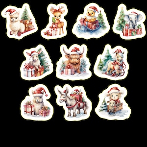 Farm Animal Christmas Stickers, Set of 20 Stickers, Christmas Stickers, Farm Stickers, Animal Stickers, Llama, Donkey, West Highland Cow