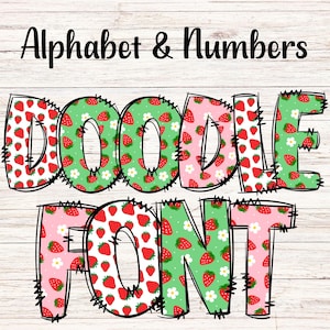 Erdbeere Doodle Buchstaben PNG mit Doodle Gliederung, Obst Clipart Alphabet Schrift Digitaler Download, POD, druckfertig, Sommerschrift