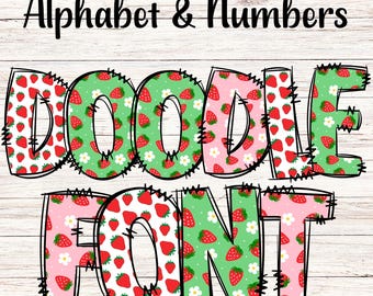 May include: Doodle font alphabet and numbers with a strawberry and flower pattern in pink, green, and white.