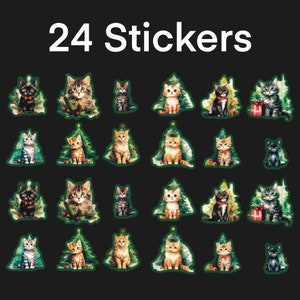 Cat Christmas Stickers, Set of 24 Stickers, Christmas Stickers,  Christmas Tree Sticker, Cats, Cat Sticker, Kitten Stickers, Holiday Kittens
