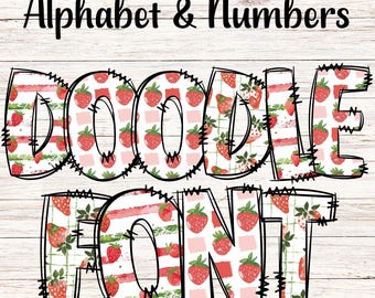 May include: Doodle font alphabet and numbers with a strawberry pattern. The letters are outlined in black and filled with a pattern of red strawberries on a white background.