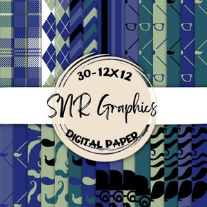 Pacote de papel digital bigode 12X12, papel para scrapbook, papel de parede, fundo digital, papel homenzinho, chevron, listra, azul, verde