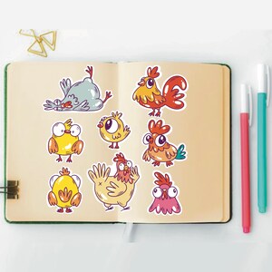 Silly Rooster Stickers, Set of 24 Stickers, Rooster Stickers, Funny Chicken Stickers, Farm Sticker, Roosters, Cartoon Rooster Stickers