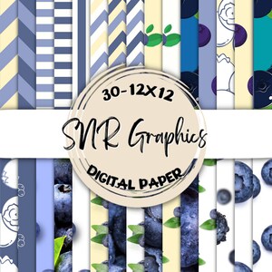 Blueberry Digital Paper Bundle 12X12, Scrapbook Paper, Wallpaper, Fondo digital, Papel de fruta, Chevron, Raya, Azul, Amarillo, Verde
