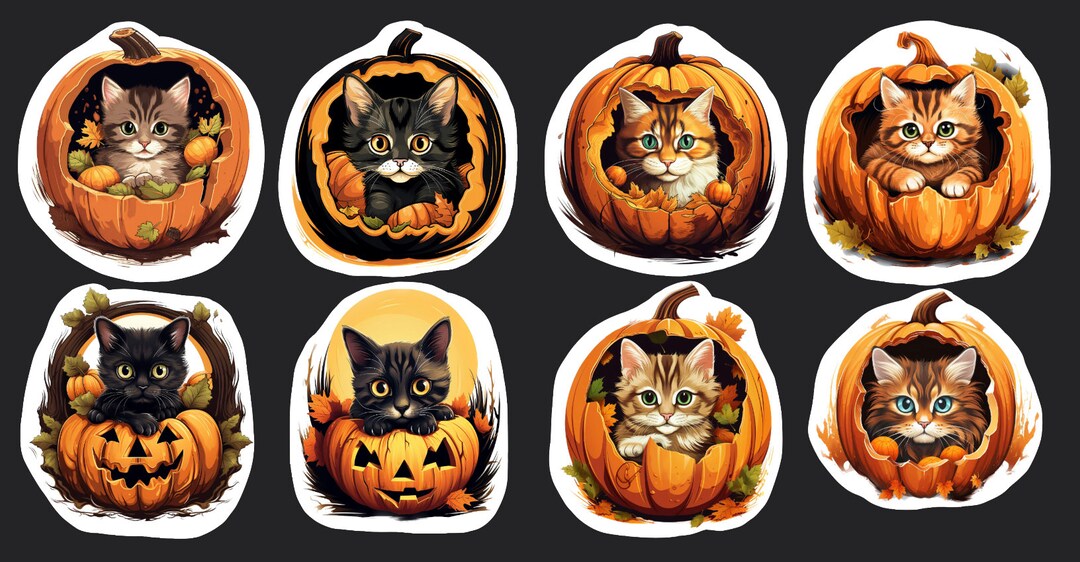 Cat in A Pumpkin Stickers, Set of 24 Stickers, Journal Sticker, Die Cut ...