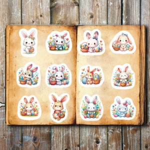 Kawaii Bunny Stickers, Set of 24 Stickers, Bunny Stickers, Rabbit Stickers, Kawaii Stickers, Easter Egg Stickers, Floral Bunny Stickers