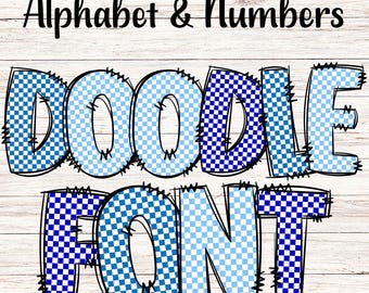 Blue Checkered Doodle Letters PNG with Doodle Outline, Clipart Alphabet Font Digital Download, POD, Ready to Print
