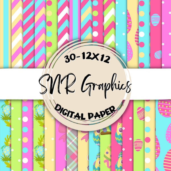 Easter Digital Paper Bundle 12X12, Scrapbook Paper, Wallpaper, Digital Background,  Owl Paper, Chevron, Polka Dots, Stripe, Pink, Yellow