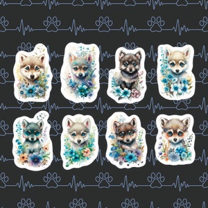 Wolf Cub In Flowers Stickers, Set of 24 Stickers, Cub Stickers, Wolf Stickers, Wolves, Baby Wolf Stickers, Floral Wolf Stickers, Flowers