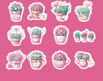 Valentine Succulent Stickers, Set of 24 Stickers, Floral Stickers, Plant Sticker, Succulents Stickers, Love Stickers, Heart Stickers