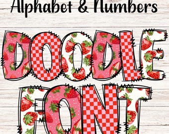 May include: Doodle Font alphabet and numbers with a red and white gingham pattern and strawberry illustrations.
