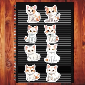 Kawaii Turkish Van Cat, Set of 24 Stickers, Sticker, Journal Sticker, Die Cut Sticker, Cartoon Cat Sticker, Baby Kittens, Kitties