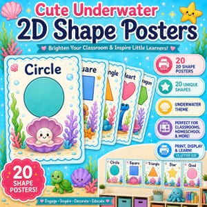 Könnte beinhalten: Ein Set aus 20 pädagogischen 2D-Formen-Postern mit Unterwasser-Thema, die Meeresbewohner wie eine Schildkröte und eine Perle in einer Muschel zeigen. Der Text lautet Cute Underwater 2D Shape Posters, Brighten Your Classroom & Inspire Little Learners!