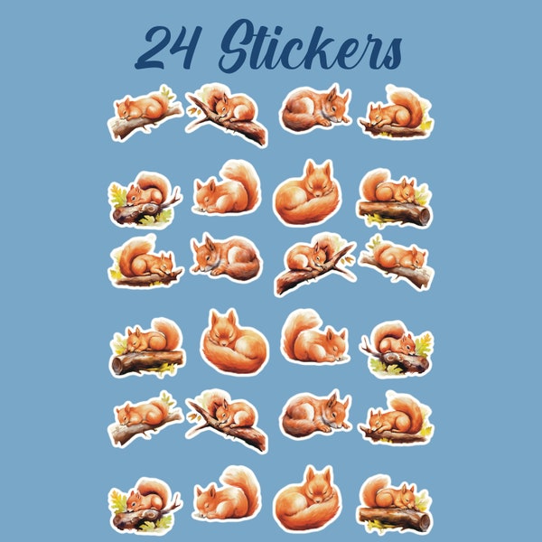 Squirrel Stickers, Set 24 Stickers, Sleeping Sticker, Sleeping Squirrel Stickers, Napping Squirrel Sticker, Baby Squirrel Sticker, Squirrels