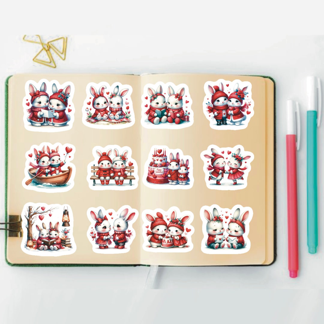 Love Bunny Stickers, Set of 24 Stickers, Bunny Stickers, Couple ...