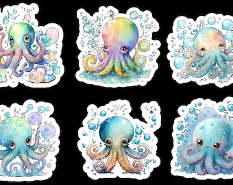 Octopus, Set of 24 Stickers, Sticker, Journal Sticker, Die Cut Stickers, Sea Life, Octopi Stickers, Ocean Sticker, Under The Sea