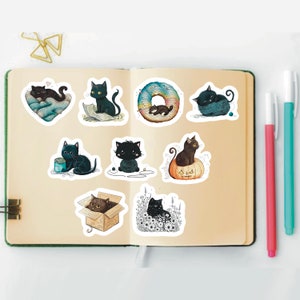 Black Cat Stickers, Set of 18 Stickers, Sleeping Black Cat Stickers, Cat Stickers, Sleeping Stickers, Kitten Stickers, Kitty Stickers, Cats