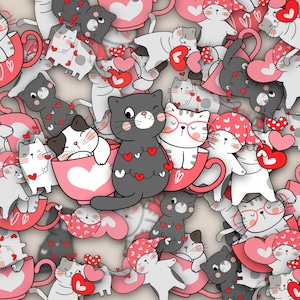 Kawaii Valentines Cat Stickers, Set of 40 Stickers, Sticker, Laptop Sticker, Journal Sticker, Die Cut Stickers, Holiday, Fur Baby